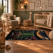 stadium football field scene area rug displayed in a nursery
