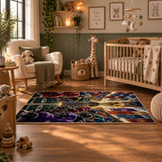 football rivalry helmet lineup area rug displayed in a nursery