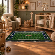 classic football field design area rug displayed in a nursery