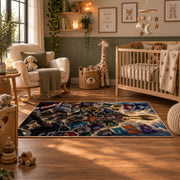 football championship battle scene area rug displayed in a nursery