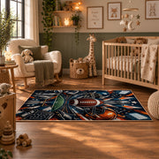 football helmet action collage area rug displayed in a nursery
