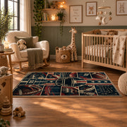 vintage football field collage area rug displayed in a nursery