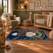 patriotic baseball gear area rug displayed in a nursery
