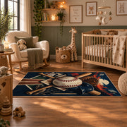 crossed baseball bats and diamond field area rug displayed in a nursery