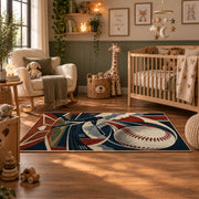 geometric baseball strike design area rug displayed in a nursery