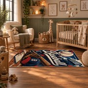 classic baseball typography collage area rug displayed in a nursery
