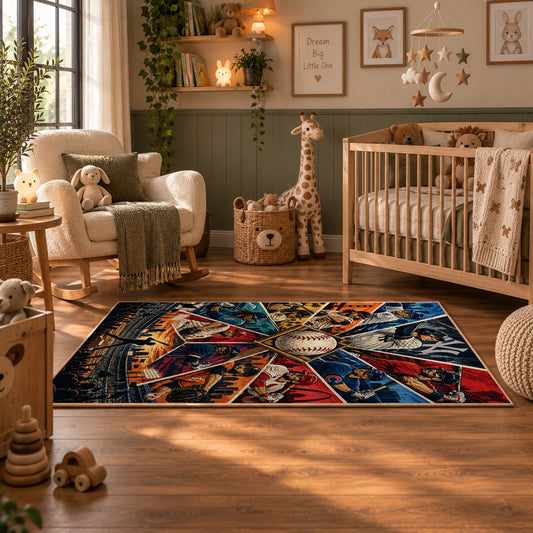 baseball action collage area rug displayed in a nursery