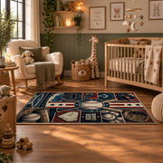 baseball blueprint equipment grid area rug displayed in a nursery