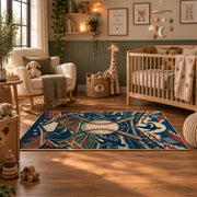 baseball glove and ball collage area rug displayed in a nursery