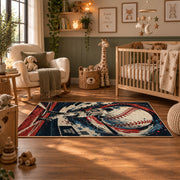 baseball pitcher action design area rug displayed in a nursery
