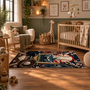 ballpark baseball gear scene area rug displayed in a nursery