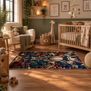 dynamic baseball player collage area rug displayed in a nursery
