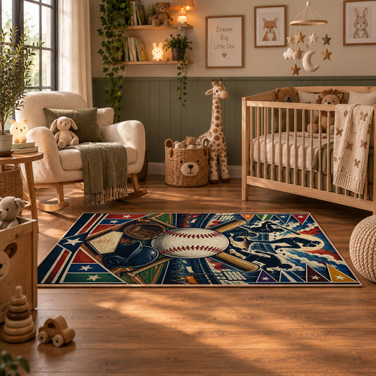 crossed bats baseball emblem area rug displayed in a nursery