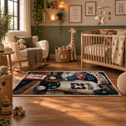 vintage baseball clubhouse collage area rug displayed in a nursery
