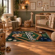 green baseball glove emblem area rug displayed in a nursery