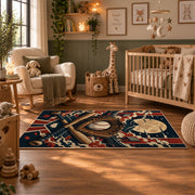 baseball glove crest collage area rug displayed in a nursery