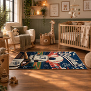 vintage baseball player poster area rug displayed in a nursery