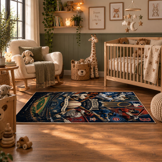 night stadium baseball collage area rug displayed in a nursery
