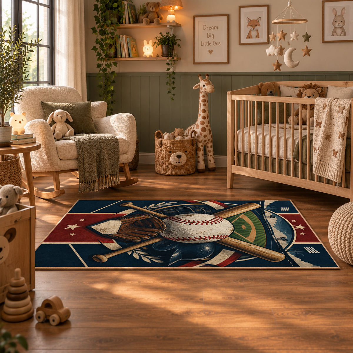 home plate baseball emblem area rug displayed in a nursery