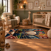 colorful baseball pennant patchwork area rug displayed in a nursery