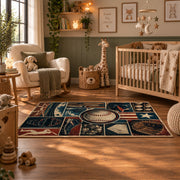 baseball stadium blueprint collage area rug displayed in a nursery