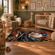dynamic baseball action collage area rug displayed in a nursery
