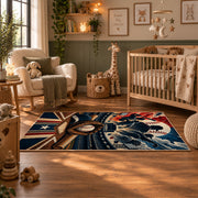 patriotic baseball star emblem area rug displayed in a nursery