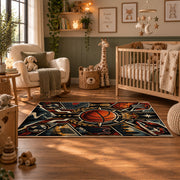 Mechanical Basketball Hoop Rug displayed in a nursery room
