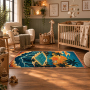 Tropical Island Basketball Court Rug displayed in a nursery room
