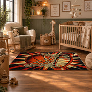 Exploding Basketball Hoop Rug displayed in a nursery room