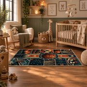 Neon City Basketball Collage Rug displayed in a nursery room