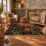 Mechanical Basketball Emblem Rug displayed in a nursery room