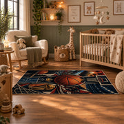Basketball Hoop Collage Rug displayed in a nursery room