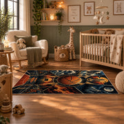 Sunset Skyline Basketball Hoop Rug displayed in a nursery room