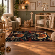 Dark Basketball Equipment Collage Rug displayed in a nursery room