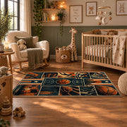Basketball Court Grid Collage Rug displayed in a nursery room