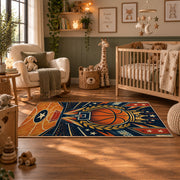 Orange Star Basketball Court Rug displayed in a nursery room