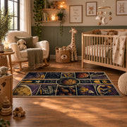 Purple Star Basketball Collage Rug displayed in a nursery room