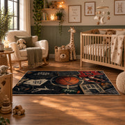 Dark Street Basketball Chalk Rug displayed in a nursery room