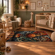 Mythic Basketball Emblem Rug displayed in a nursery room