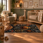 Golden Winged Basketball Rug displayed in a nursery room
