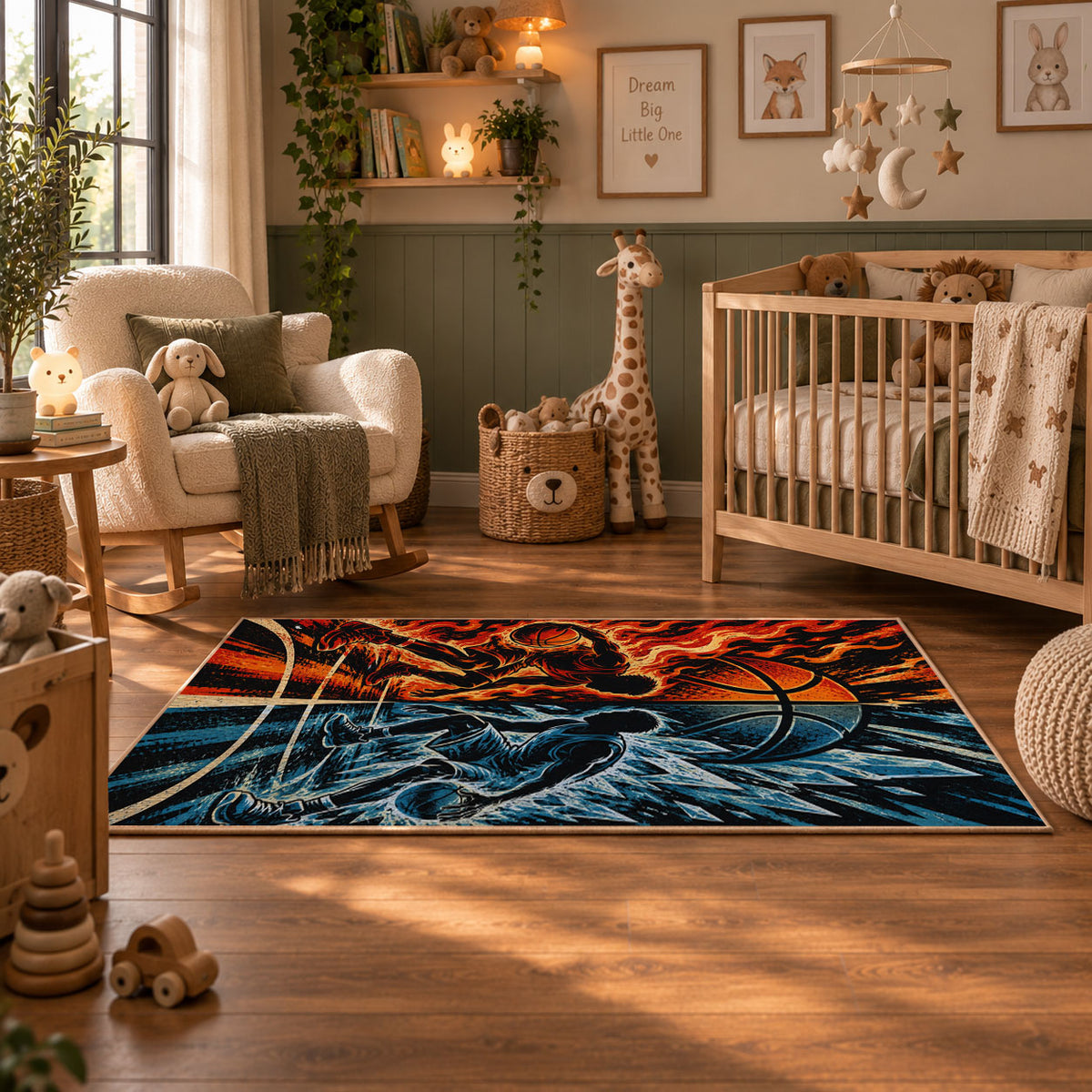 Fire and Ice Basketball Rug displayed in a nursery room