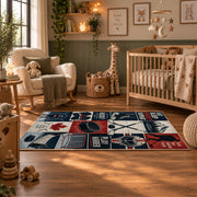 Classic Hockey Collage Rug displayed in a nursery room