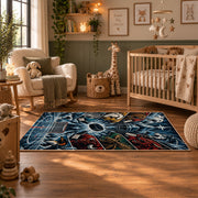 Hockey Goal and Players Collage Rug displayed in a nursery room