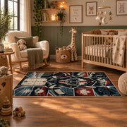 Hockey Gear and Rink Collage Rug displayed in a nursery room