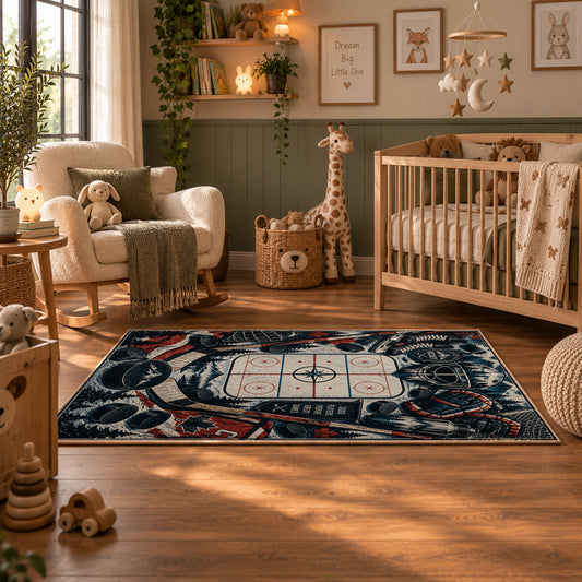 Crossed Hockey Sticks and Puck Rug displayed in a nursery room
