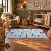 Classic Ice Hockey Rink Diagram Rug displayed in a nursery room
