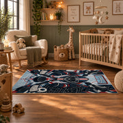 Hockey Puck and Crossed Sticks Emblem Rug displayed in a nursery room