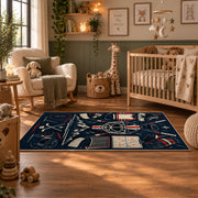 Hockey Equipment Lineup Rug displayed in a nursery room