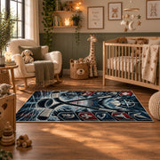 Crossed Hockey Sticks Frozen Rink Rug displayed in a nursery room